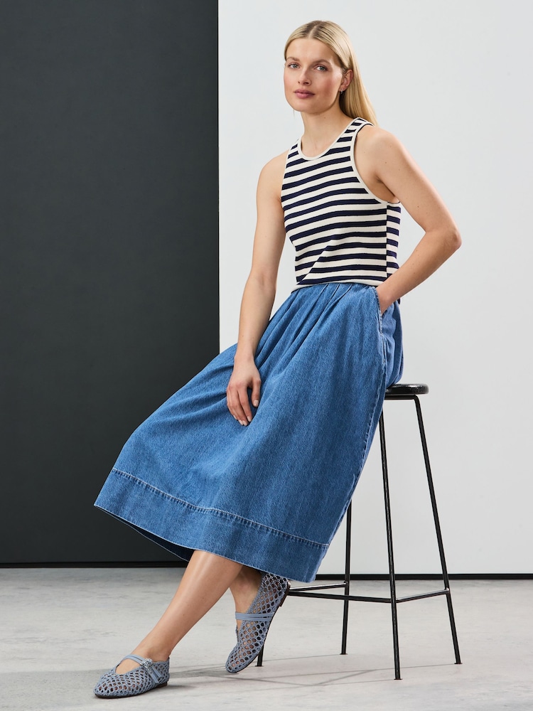 Mid Blue Denim Full A-line Denim 100% Cotton Midi Skirt - Image 2 of 5