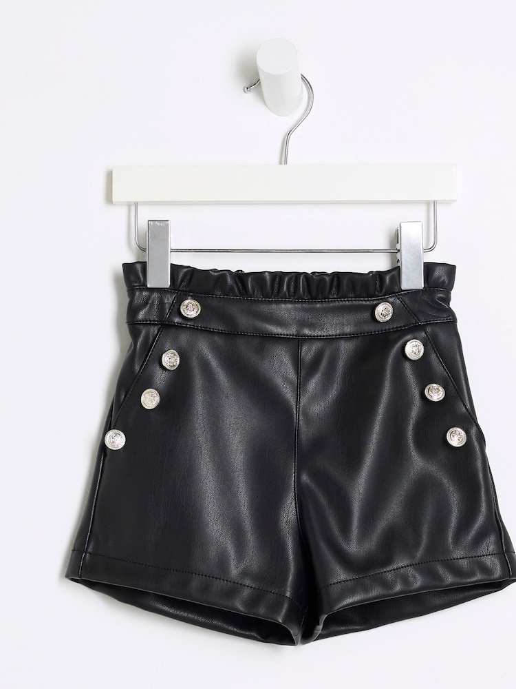 River Island Black Girls Faux Leather Military Shorts - Image 1 of 4