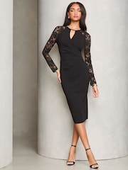 Lipsy Black Lace Keyhole Cross Front Long Sleeve Bodycon Dress - Image 1 of 4