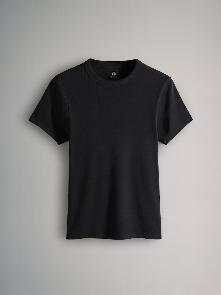 Khakigroen/Bordeauxrood/crèmekleurig/zwart/strepen - The Set verpakking van 5 geribde T-shirts met korte mouwen - Image 10 of 13