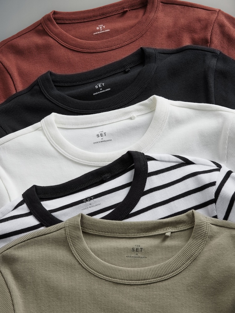 Khakigroen/Bordeauxrood/crèmekleurig/zwart/strepen - The Set verpakking van 5 geribde T-shirts met korte mouwen - Image 12 of 13