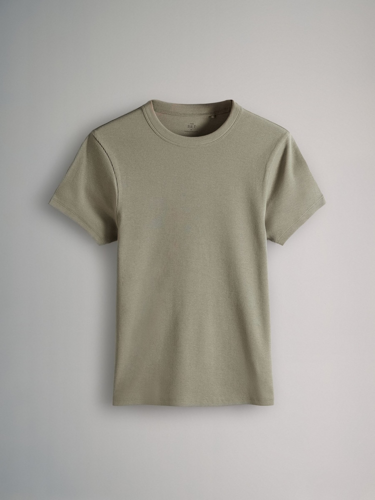 Khakigroen/Bordeauxrood/crèmekleurig/zwart/strepen - The Set verpakking van 5 geribde T-shirts met korte mouwen - Image 9 of 13