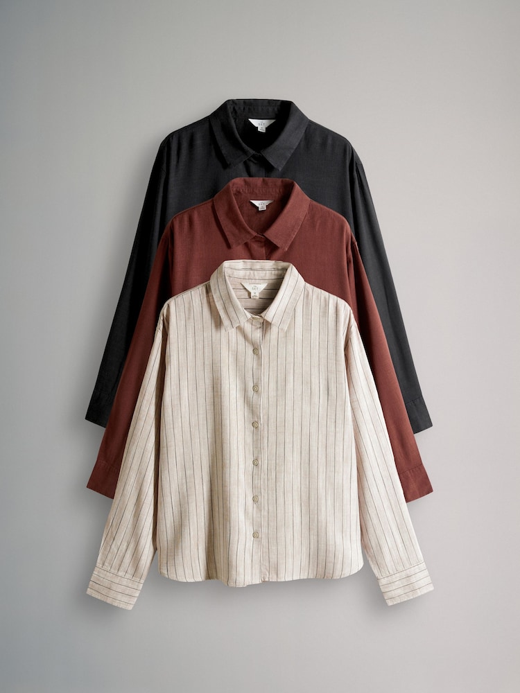 The Set Black/Red/Ecru Stripe 3 Pack Button Through Long Sleeve Shirts with Linen - Image 2 of 11