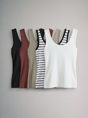The Set Khaki Green/Burgundy Red/Cream/Black/Stripe 5 Pack Ribbed Scoop Neck Vests - Image 1 of 8