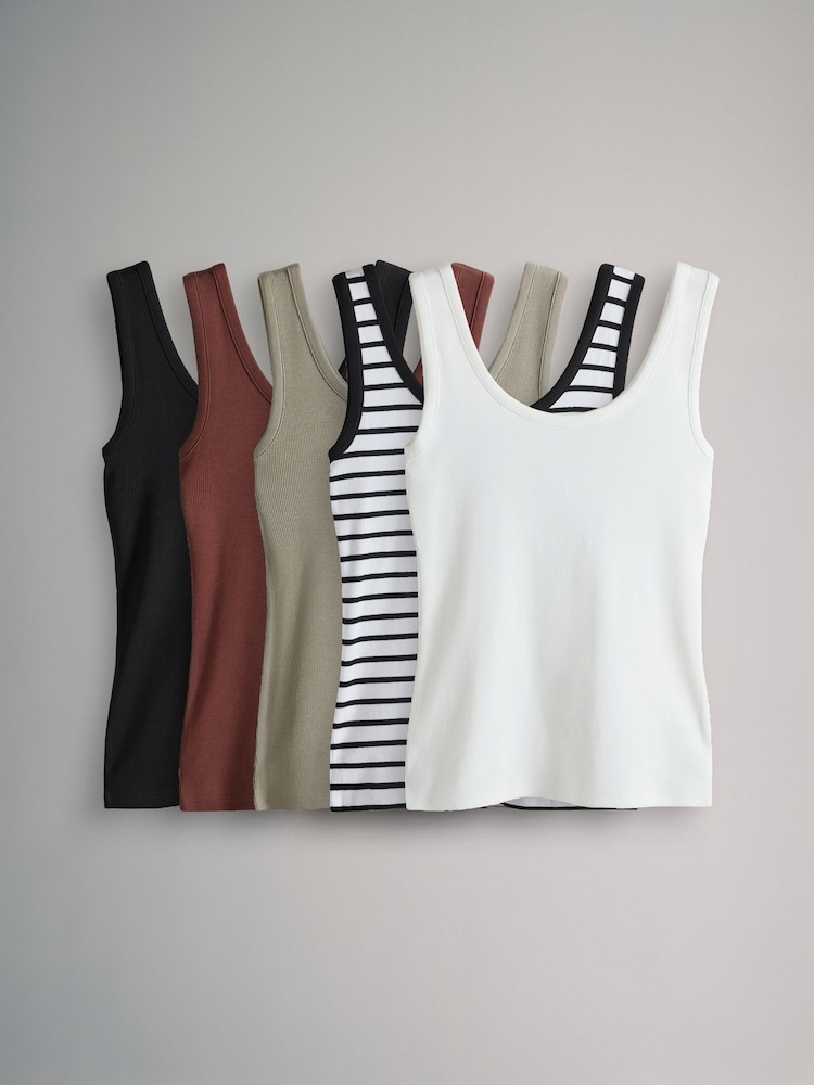 The Set Khaki Green/Burgundy Red/Cream/Black/Stripe 5 Pack Ribbed Scoop Neck Vests - Image 1 of 8