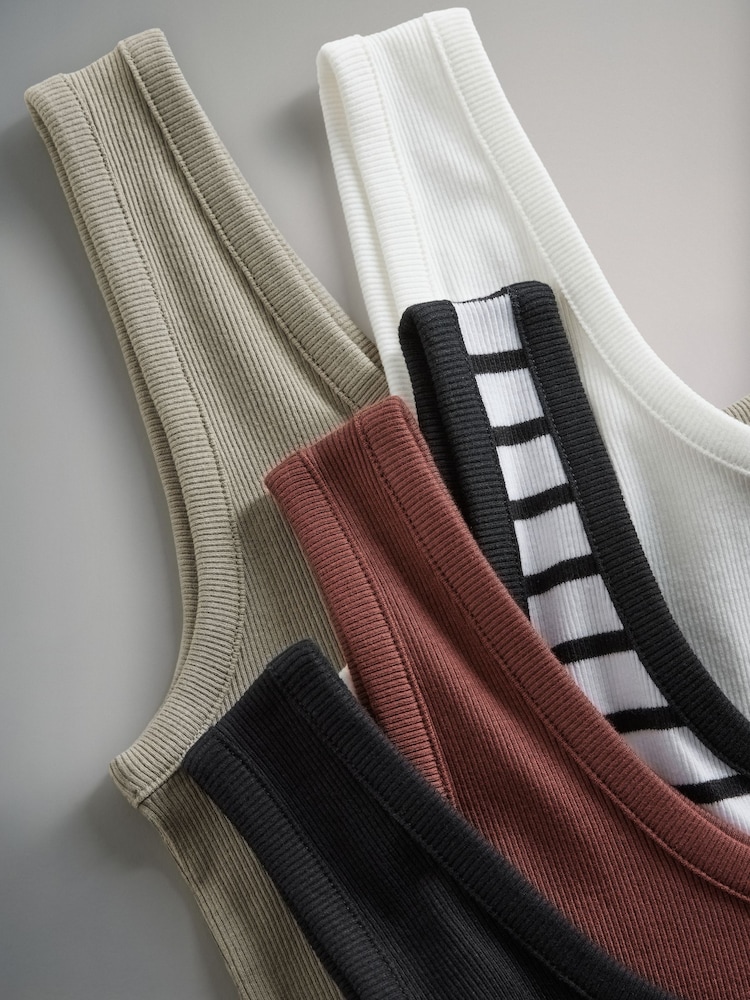 The Set Khaki Green/Burgundy Red/Cream/Black/Stripe 5 Pack Ribbed Scoop Neck Vests - Image 7 of 8