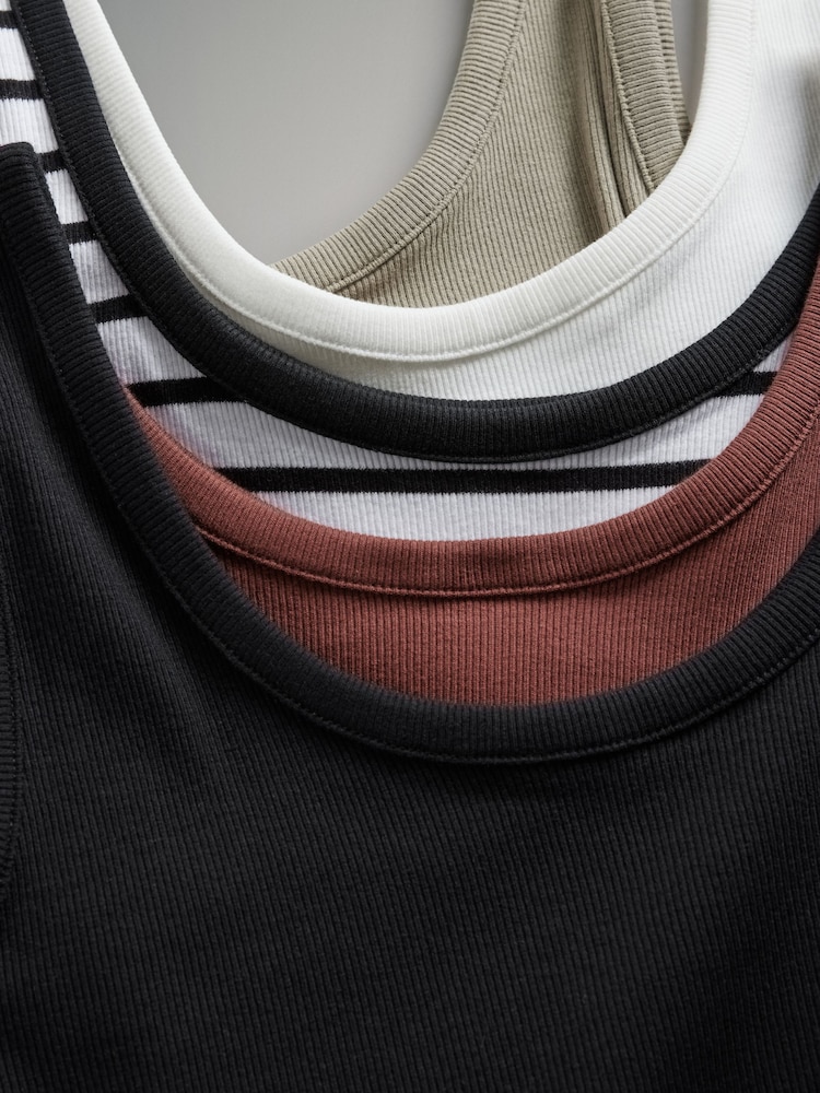 The Set Khaki Green/Burgundy Red/Cream/Black/Stripe 5 Pack Ribbed Scoop Neck Vests - Image 8 of 8