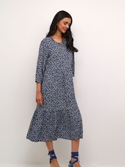 Cream Blue CRTiah 3/4 Sleeves Round Neck Maxi Dress - Image 1 of 6