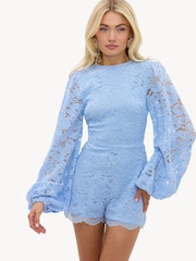 LOAVIES Dewdrop Diaries Blue Playsuit With Long Sleeves And Lace - Imagem 1 de 4