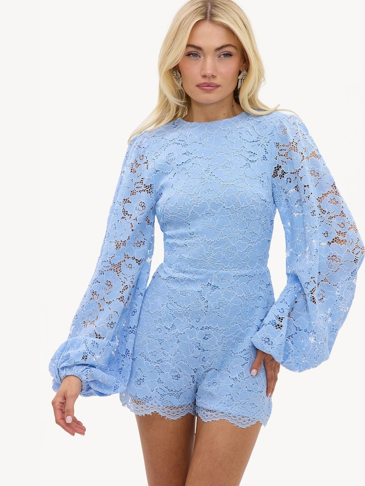 LOAVIES Dewdrop Diaries Blue Playsuit With Long Sleeves And Lace - Imagem 1 de 4
