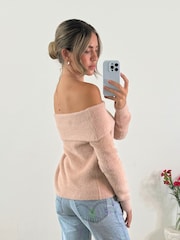 Style Cheat Pink Fluffy Off Shoulder Bardot Knitted Jumper - Image 2 of 4