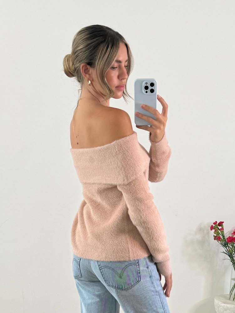 Style Cheat Pink Fluffy Off Shoulder Bardot Knitted Jumper - Image 2 of 4