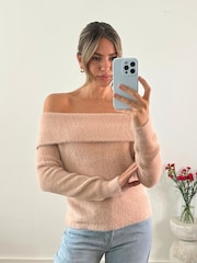 Style Cheat Pink Fluffy Off Shoulder Bardot Knitted Jumper - Image 3 of 4