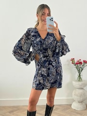 Style Cheat Blue Evita Frill Mini Boho Paisley Print Shift Dress - Image 1 of 5