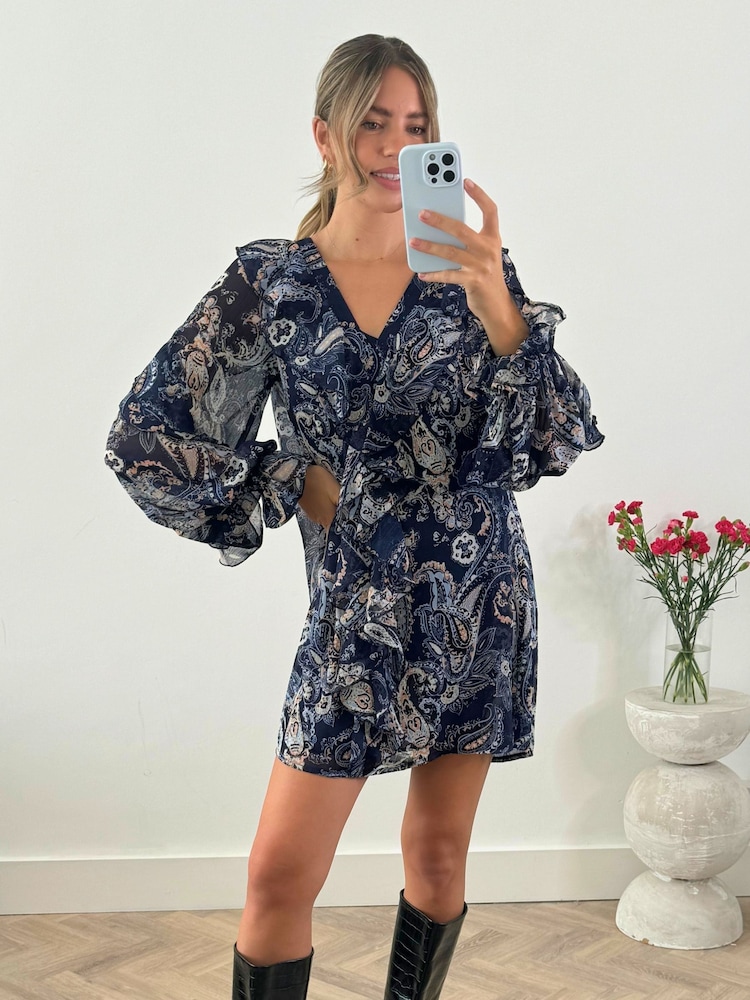 Style Cheat Blue Evita Frill Mini Boho Paisley Print Shift Dress - Image 1 of 5