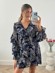 Style Cheat Blue Evita Frill Mini Boho Paisley Print Shift Dress - Image 2 of 5