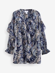 Style Cheat Blue Evita Frill Mini Boho Paisley Print Shift Dress - Image 5 of 5