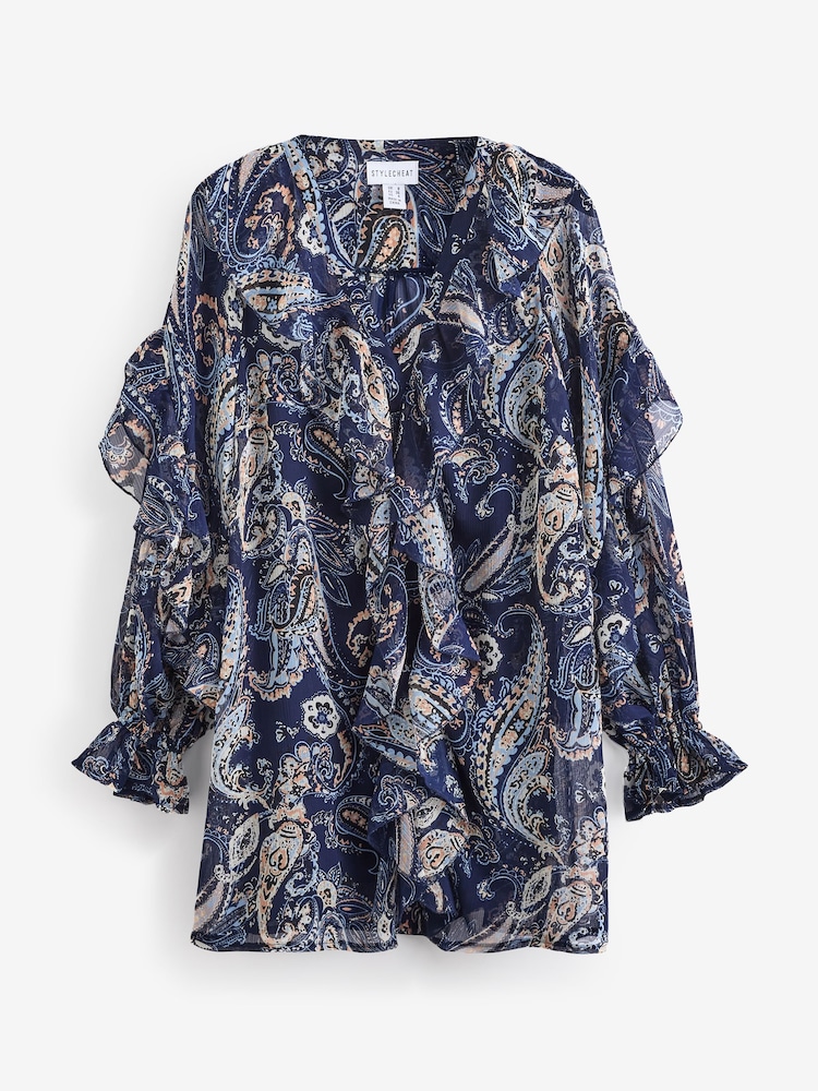 Style Cheat Blue Evita Frill Mini Boho Paisley Print Shift Dress - Image 5 of 5