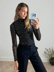 Style Cheat Black Izzi Sparkle Diamonte Mesh Top - Image 5 of 5
