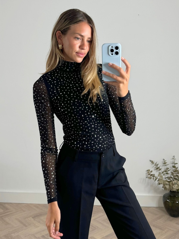 Style Cheat Black Izzi Sparkle Diamonte Mesh Top - Image 5 of 5