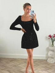 Style Cheat Black Rita Square Neck Mini Dress in Velvet Hot Fix - Image 1 of 4