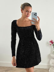 Style Cheat Black Rita Square Neck Mini Dress in Velvet Hot Fix - Image 3 of 4