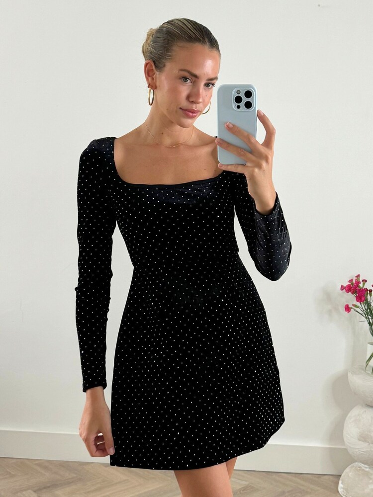 Style Cheat Black Rita Square Neck Mini Dress in Velvet Hot Fix - Image 3 of 4