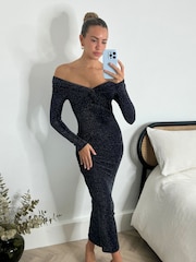 Style Cheat Black Heidi Bardot Off The Shoulder Sparkle Midi Party Dress - Image 1 of 4