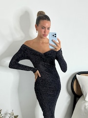 Style Cheat Black Heidi Bardot Off The Shoulder Sparkle Midi Party Dress - Image 3 of 4