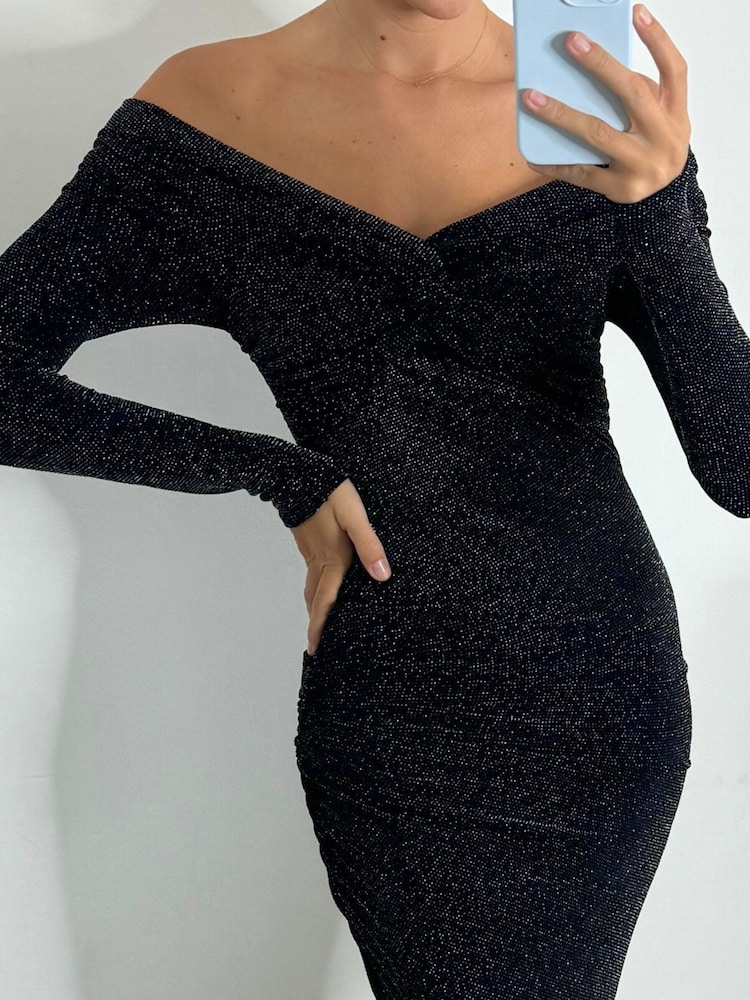 Style Cheat Black Heidi Bardot Off The Shoulder Sparkle Midi Party Dress - Image 4 of 4