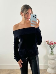 Style Cheat Black Fluffy Off Shoulder Bardot Knitted Jumper - Image 1 of 4