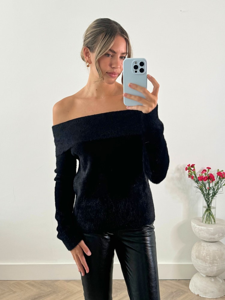 Style Cheat Black Fluffy Off Shoulder Bardot Knitted Jumper - Image 1 of 4