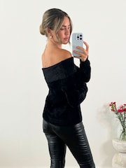 Style Cheat Black Fluffy Off Shoulder Bardot Knitted Jumper - Image 2 of 4