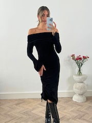 Style Cheat Black Natalie Off Shoulder Assymetric Midi Dress - Image 1 of 4