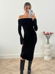 Style Cheat Black Natalie Off Shoulder Assymetric Midi Dress - Image 4 of 4