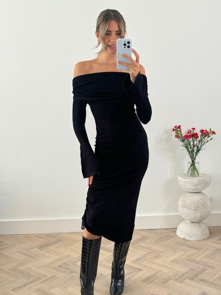 Style Cheat Black Natalie Off Shoulder Assymetric Midi Dress - Image 4 of 4