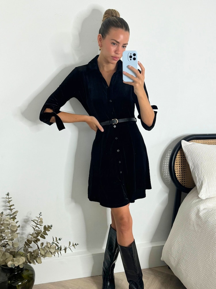 Style Cheat Black Olivia Velvet Belted Mini Shirt Dress - Image 1 of 4