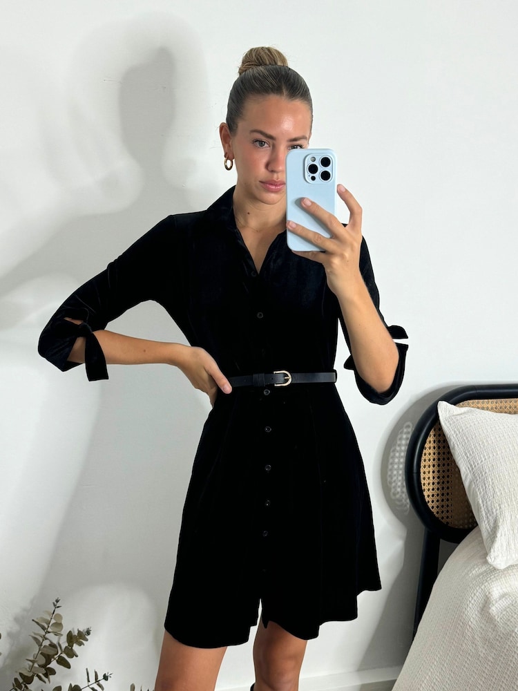 Style Cheat Black Olivia Velvet Belted Mini Shirt Dress - Image 2 of 4