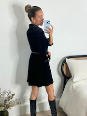 Style Cheat Black Olivia Velvet Belted Mini Shirt Dress - Image 3 of 4