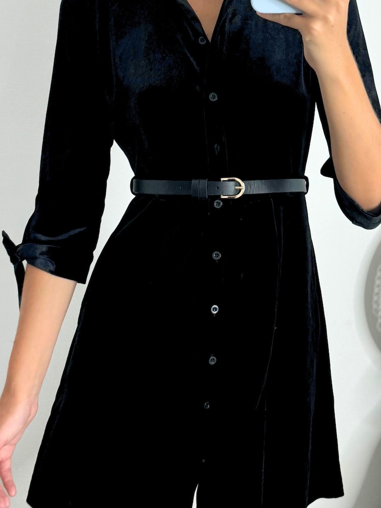 Style Cheat Black Olivia Velvet Belted Mini Shirt Dress - Image 4 of 4