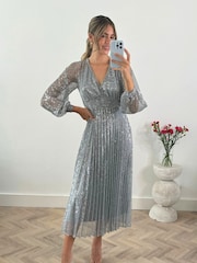 Style Cheat Silver Monroe Puff Sleeve Sparkle Maxi Dress - Image 1 of 4