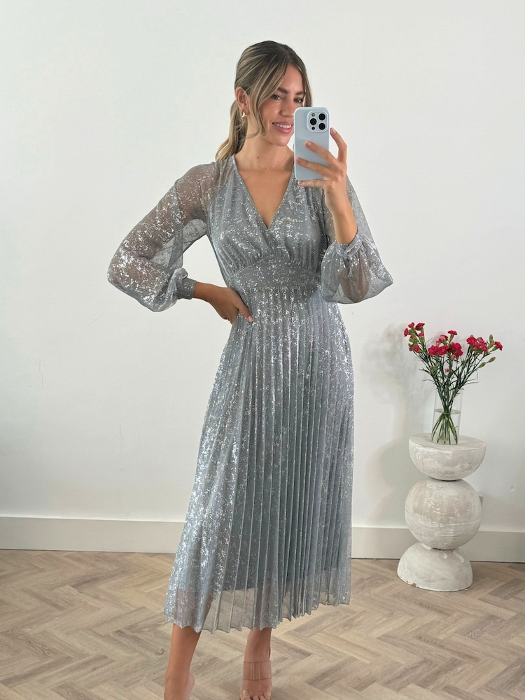 Style Cheat Silver Monroe Puff Sleeve Sparkle Maxi Dress - Image 1 of 4