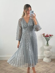 Style Cheat Silver Monroe Puff Sleeve Sparkle Maxi Dress - Image 2 of 4