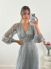 Style Cheat Silver Monroe Puff Sleeve Sparkle Maxi Dress - Image 4 of 4
