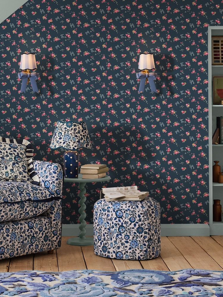 Cath Kidston Navy Rose And Bows 10M Wallpaper - Image 1 of 3