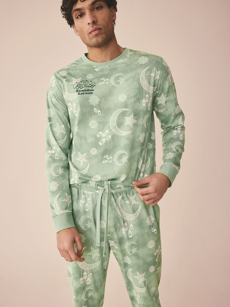 Vert - Ensemble pyjama ras du cou assorti Rains pour homme - Image 4 of 11