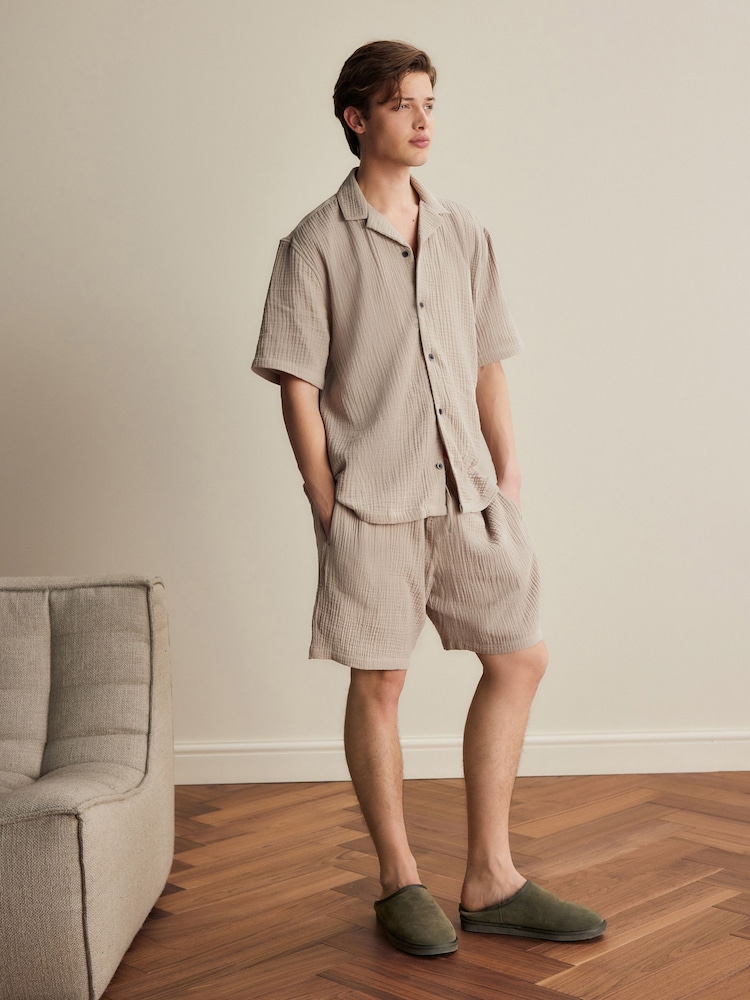 Neutral Stone - Cheesecloth 100% Cotton Shirt And Shorts Set - Image 1 of 10 Neutral Stone - Cheesecloth 100% Cotton Shirt And Shorts Set - Image 1 of 10
