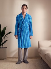 Cobalt Blue/Aqua Stripe Cotton Towelling Dressing Gown - Image 4 of 10