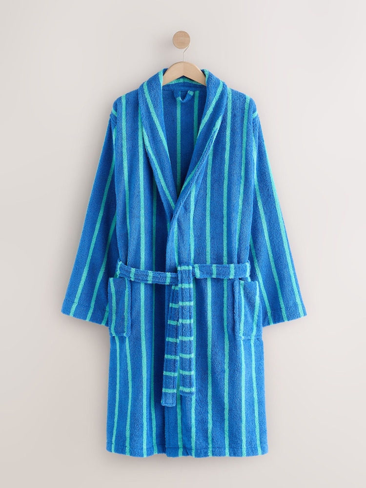 Buy Cobalt Blue/Aqua Stripe Cotton Towelling Dressing Gown from