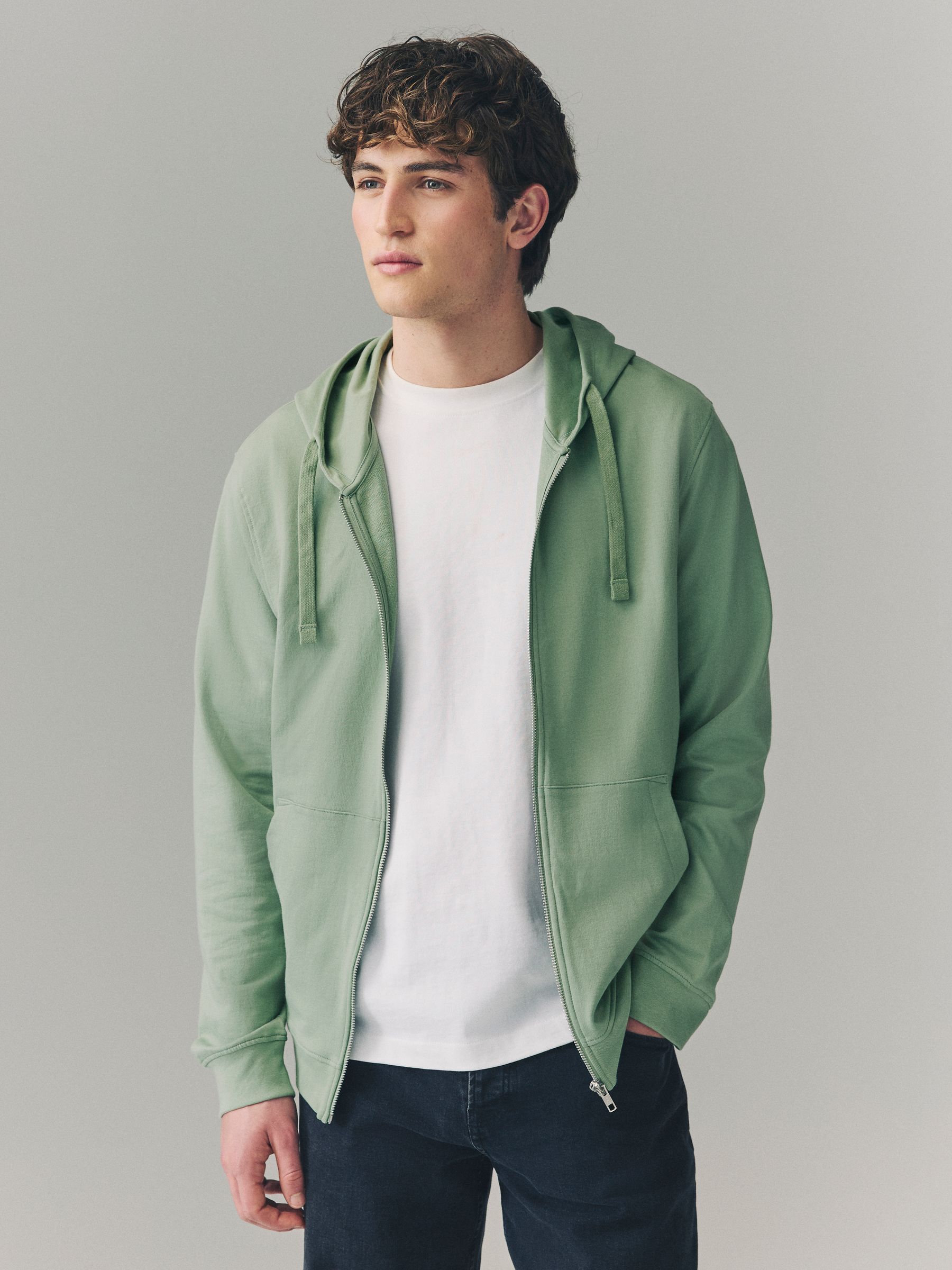 Buy Sage Green 100% Cotton Lightweight Zip Up Hoodie from
